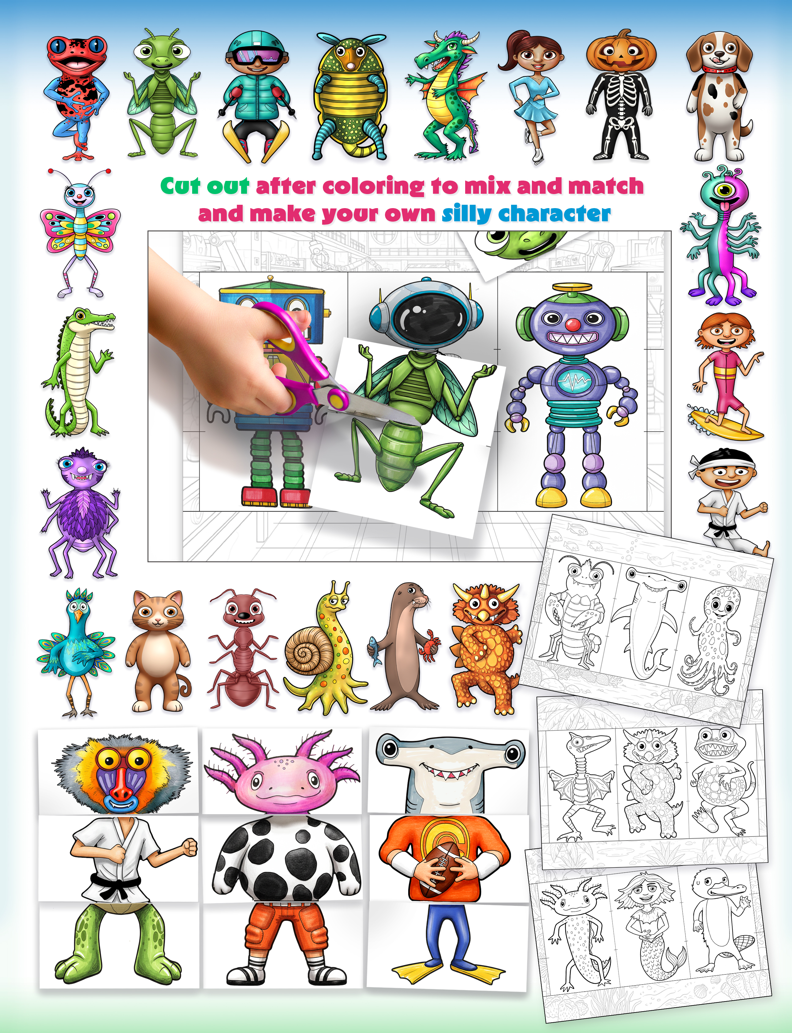 Color Then Build Your Own Character - Educational children's activity book back cover featuring fun illustrations