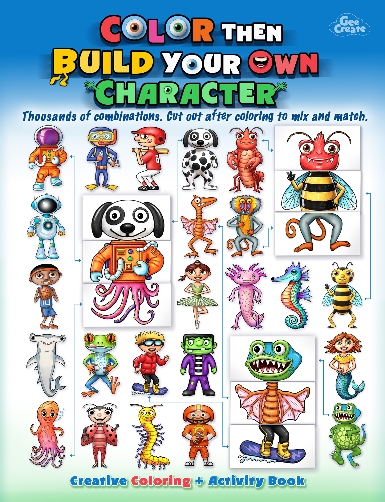 Color Then Build Your Own Character - Educational children's activity book cover featuring fun illustrations