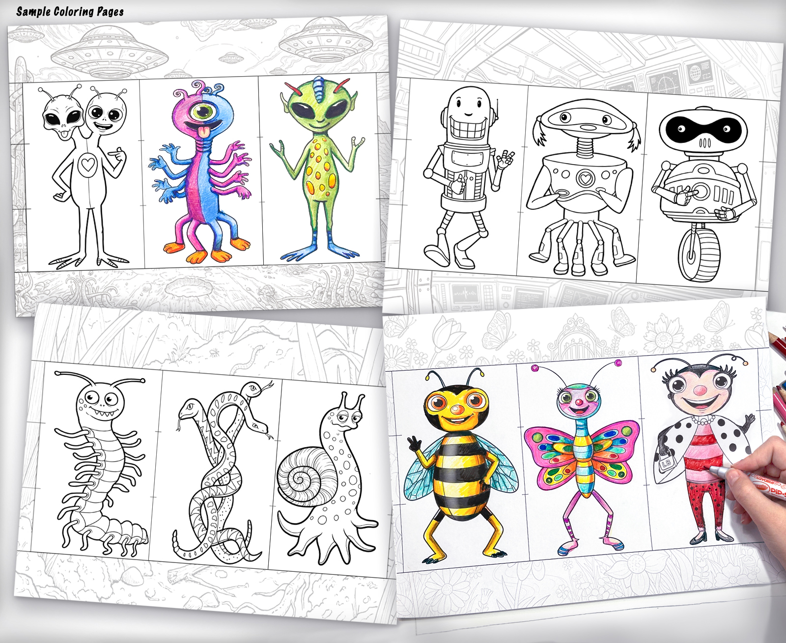 Inside pages of the Color Then Build Your Own Character kids activity and coloring book